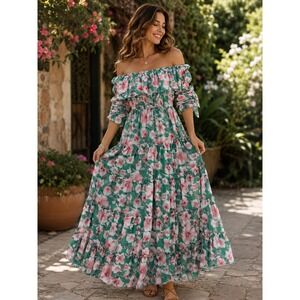 Lulus Floral Maxi Dress Womens Size M Green Pink Off Shoulder Excellent Boho